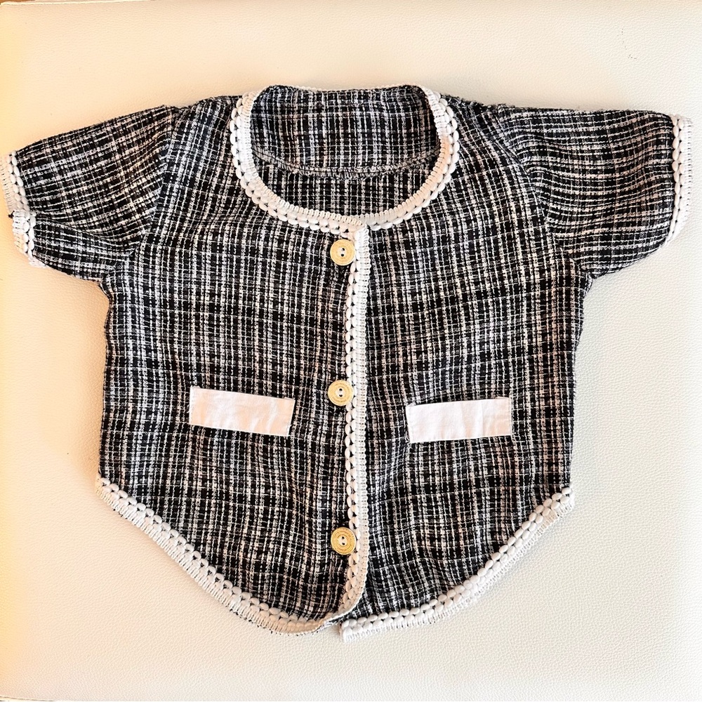 Black & White Tweed Doll Jacket with Crochet Trim